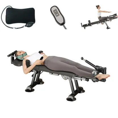 Mesa eléctrica de descompresión lumbar ajustable, con extensión cervical, soporte para espalda y diseño en cuero PU, ideal para hogar, oficina y gimnasio.