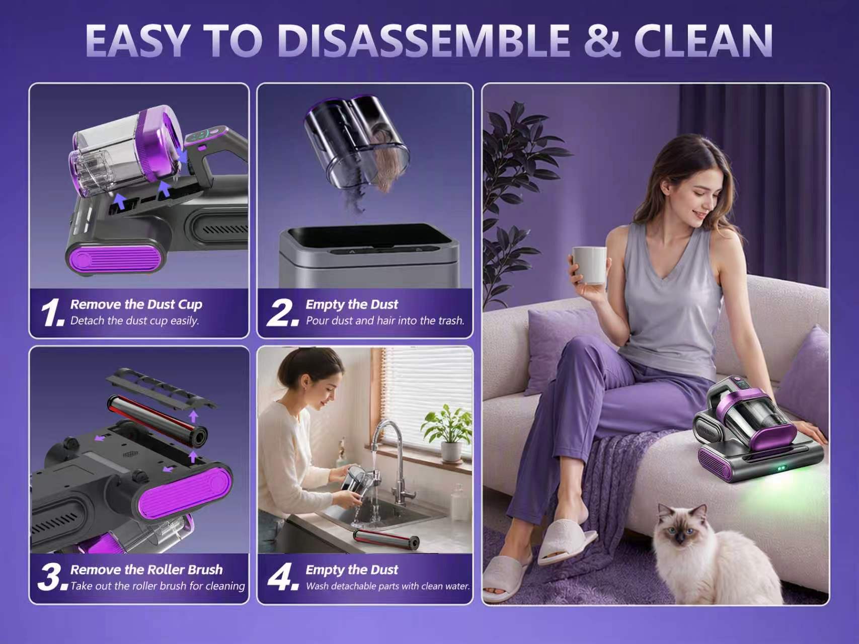 Cordless Mattress Vacuum Cleaner, 16Kpa Deep Clean Bed Vac with 80000 RPM Tapping, UV-C Light & Ultrasonic, Dual HEPA Dust Cup for Sofa, Crib and Pet Hair,sohochic