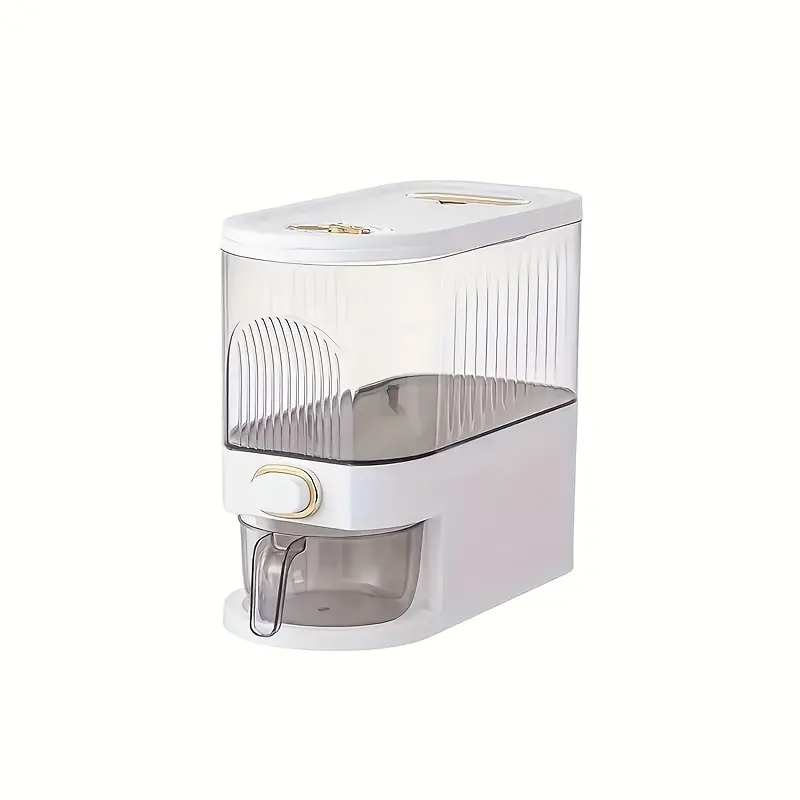 Dispensador de arroz con taza medidora y escala de tiempo - 11.02 lb/22.05 lb, a prueba de polvo, apilable, de plástico duradero, con múltiples compartimentos, apto para alimentos.
