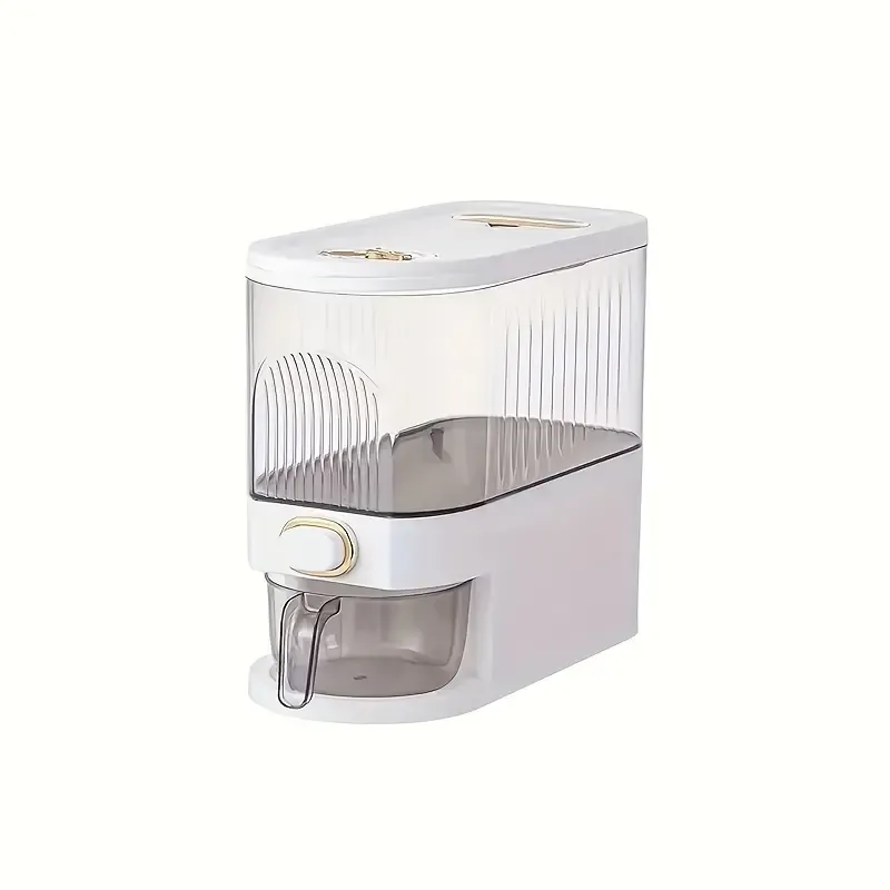 Dispensador de arroz con taza medidora y escala de tiempo - 11.02 lb/22.05 lb, a prueba de polvo, apilable, de plástico duradero, con múltiples compartimentos, apto para alimentos.