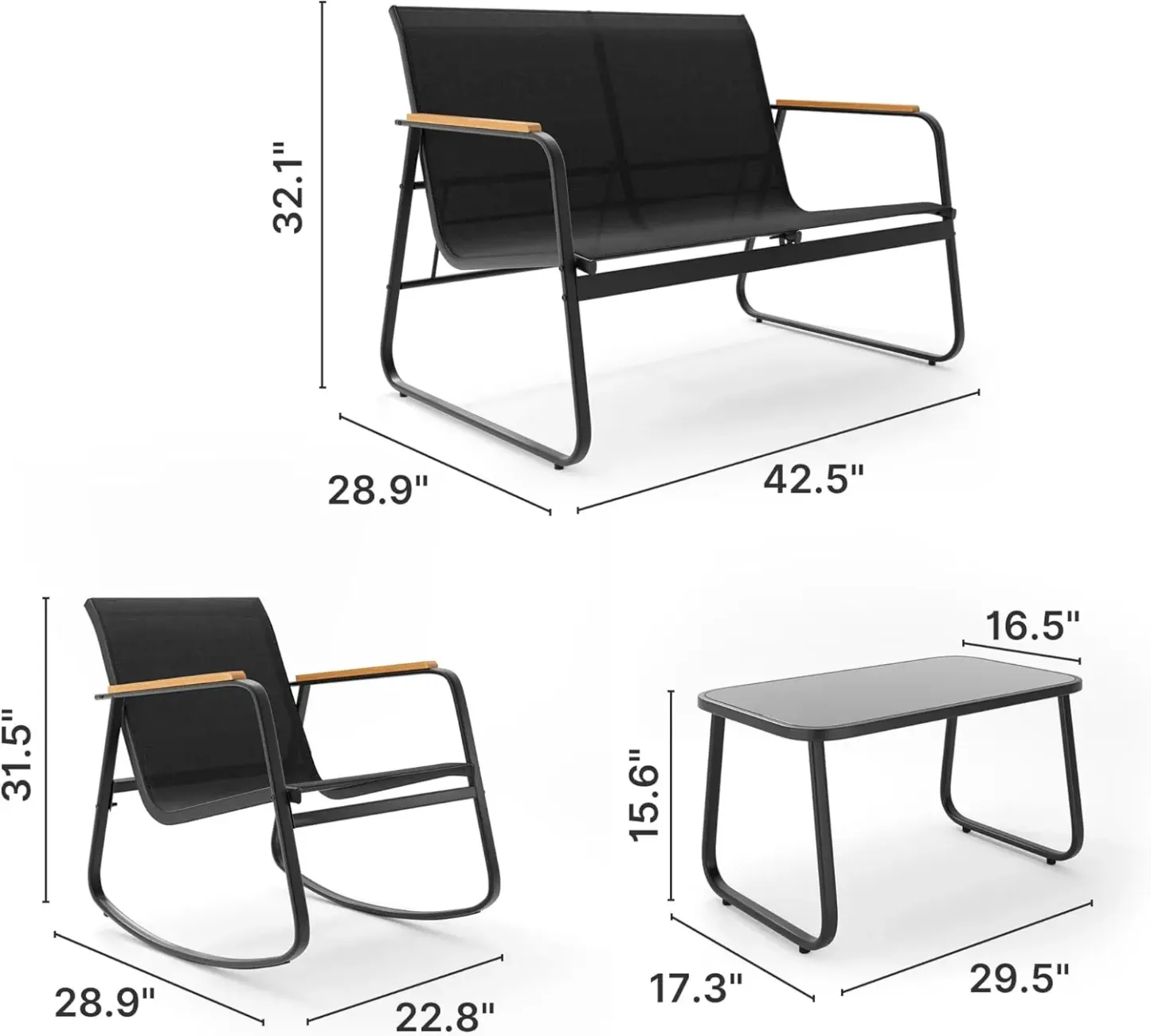 Juego de muebles de patio modernos de 4 piezas, resistente conjunto para zona de conversación: resistente a la intemperie, estable y con reposabrazos de madera; incluye 2 mecedoras y mesa de centro para patio o balcón.