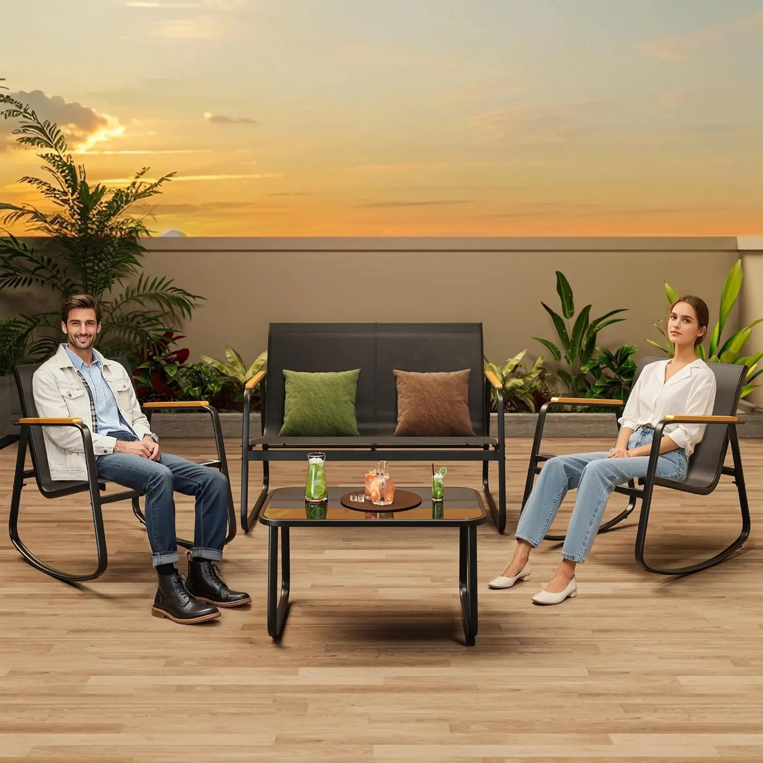 Juego de muebles de patio modernos de 4 piezas, resistente conjunto para zona de conversación: resistente a la intemperie, estable y con reposabrazos de madera; incluye 2 mecedoras y mesa de centro para patio o balcón.