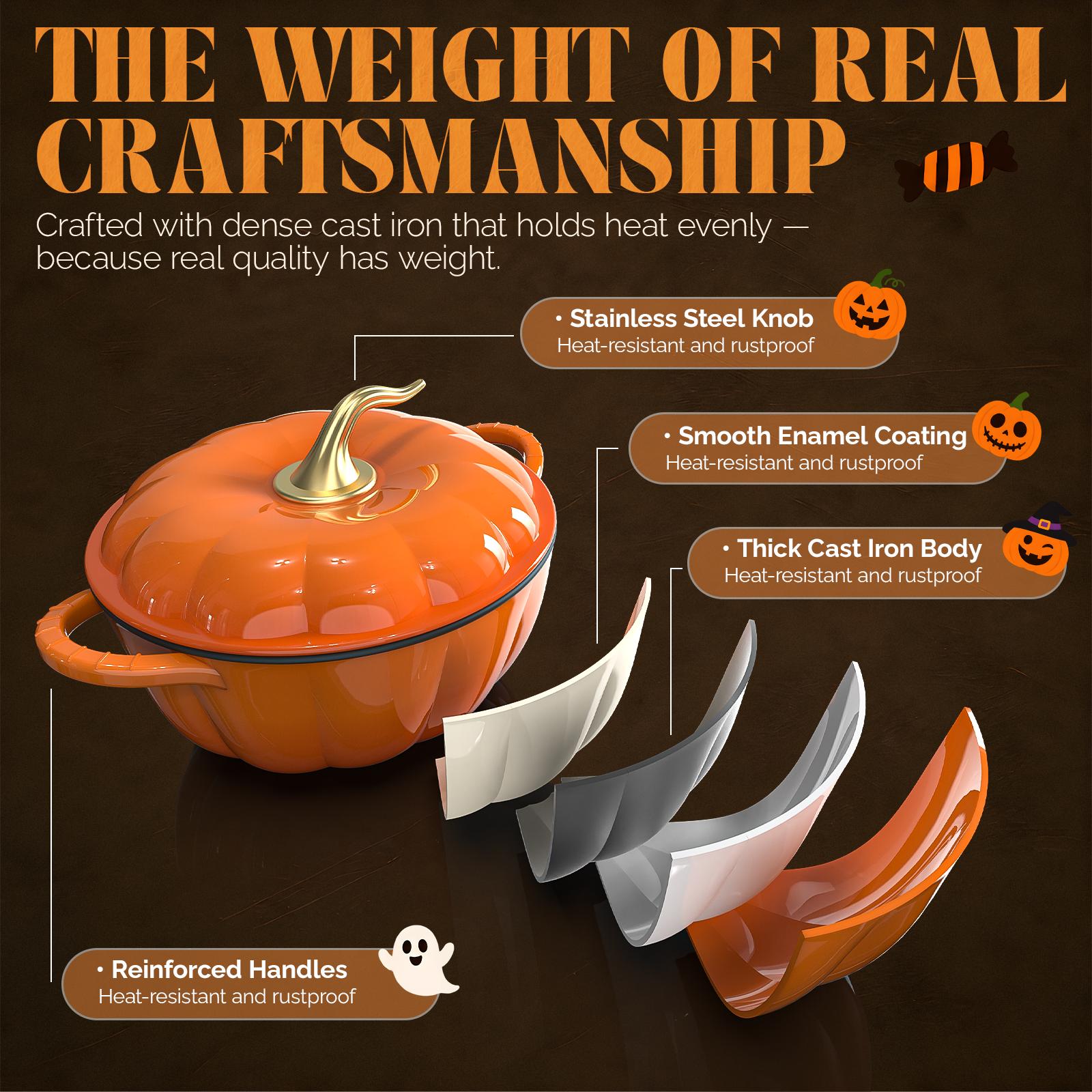 ROVSUN Pumpkin Dutch Oven Pot with Lid &ndash; Enameled Cast Iron Pumpkin Shaped Pot with Gold Stem Knob, Matching Halloween Trivet & Oven Mitts, Fall Cookware for Soup, Stew & Braising, Orange, 5QT/7.5QT