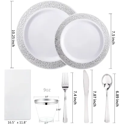 Juegos de vajilla, platos de plástico dorados. Incluye: platos llanos, platos de postre, cubiertos de plástico dorados, vasos para fiestas, vajilla desechable, a prueba de fugas.