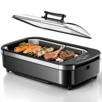 Parrilla Eléctrica de Interior sin Humo de 1500 W, con Tapa de Vidrio Templado, Parrilla Antiadherente para BBQ Coreana, 6 Niveles de Control de Temperatura, Extractor de Humo Doble, Bandeja de Goteo y Piezas Aptas para Lavavajillas, Ideal para el Hogar
