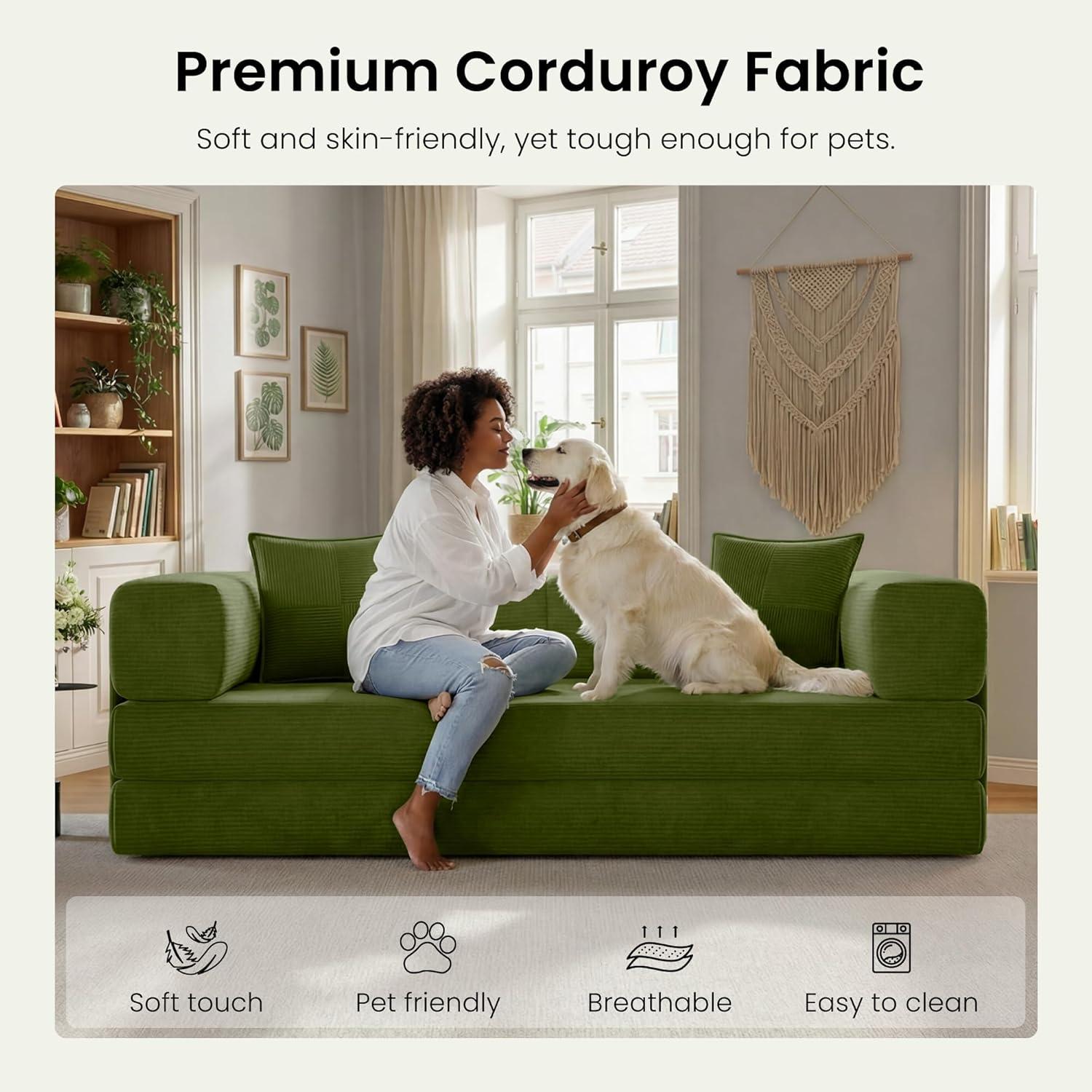 78.8" Corduroy Convertible Futon Sofa Bed Furniture, No-Assembly Boneless Couch with Storage Pocket for Living Room, Green,dorm essentials,home decor