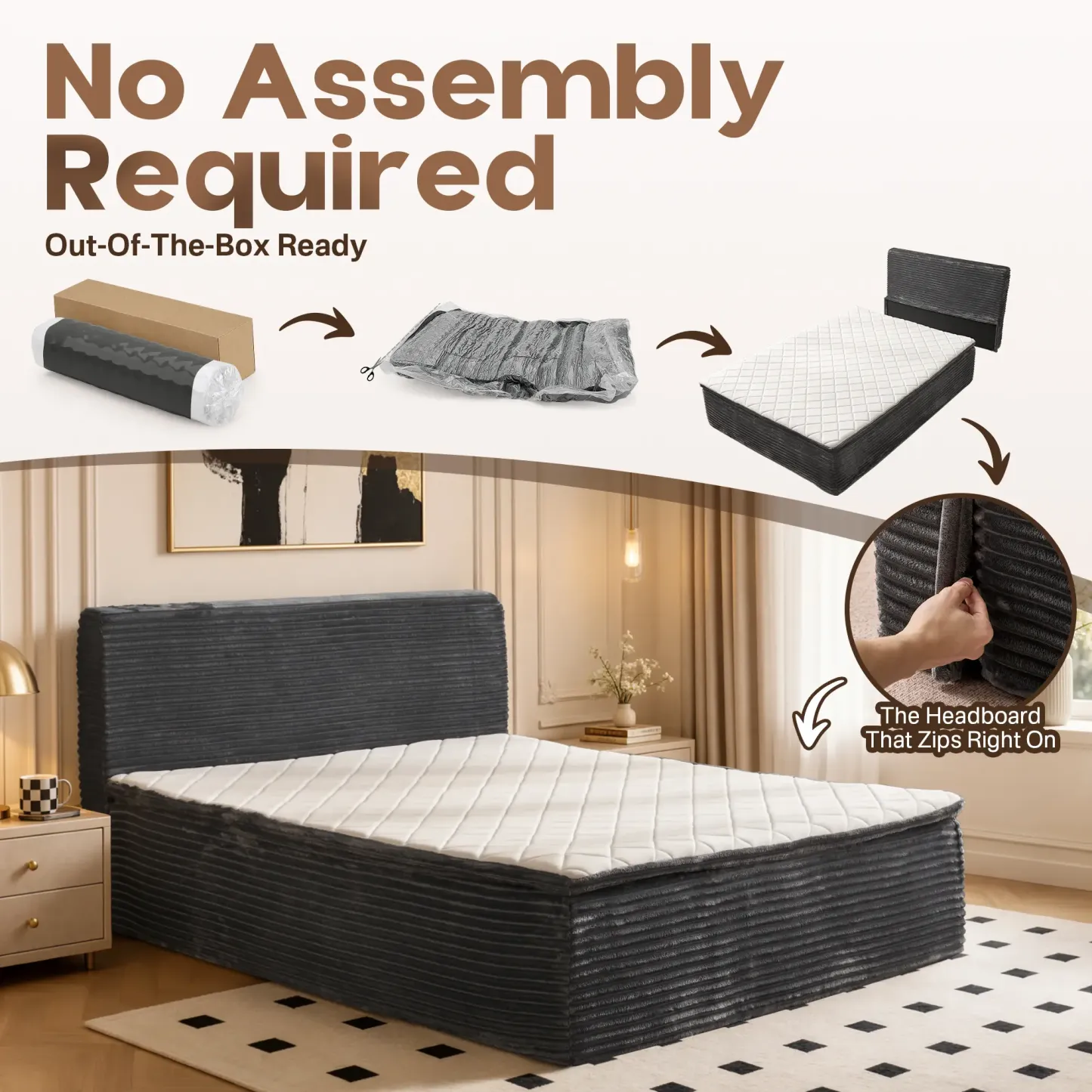 Cama moderna sin huesos todo en uno, cama a ras de suelo con pana suave y mullida para un sueño profundo, espuma viscoelástica de firmeza media para aliviar el dolor de espalda, colchón con aislamiento de movimiento en caja y sin necesidad de montaje.