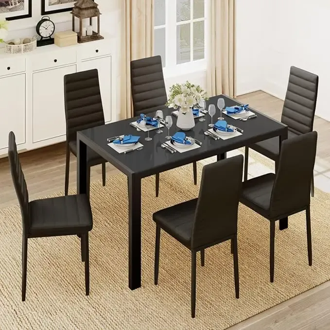 Juego de comedor de 5 piezas con mesa de vidrio y sillas para 4 personas, diseño moderno con cuero PU, ideal para cocina, sala de estar, apartamentos y decoración del hogar.