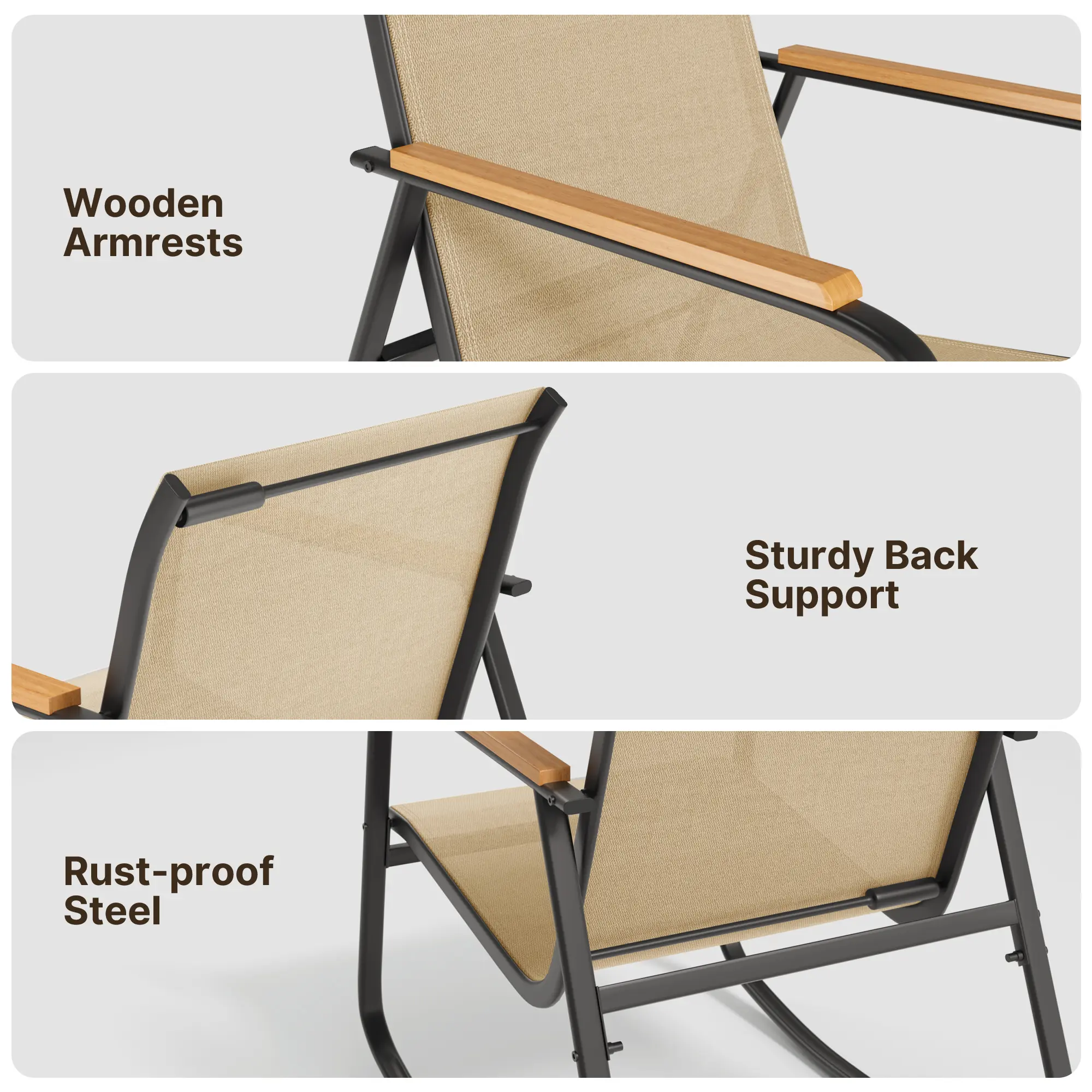 Juego de muebles de patio modernos de 4 piezas, resistente conjunto para zona de conversación: resistente a la intemperie, estable y con reposabrazos de madera; incluye 2 mecedoras y mesa de centro para patio o balcón.