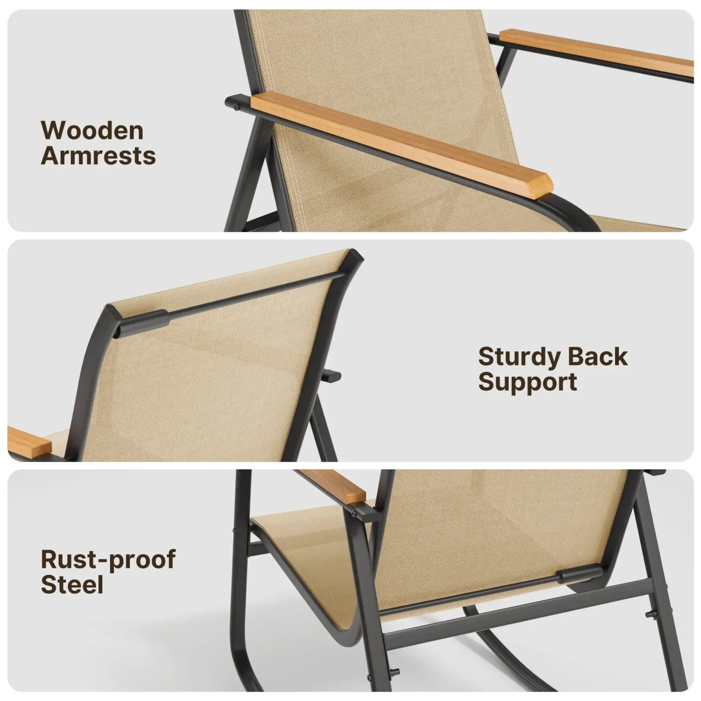 Juego de muebles de patio modernos de 4 piezas, resistente conjunto para zona de conversación: resistente a la intemperie, estable y con reposabrazos de madera; incluye 2 mecedoras y mesa de centro para patio o balcón.