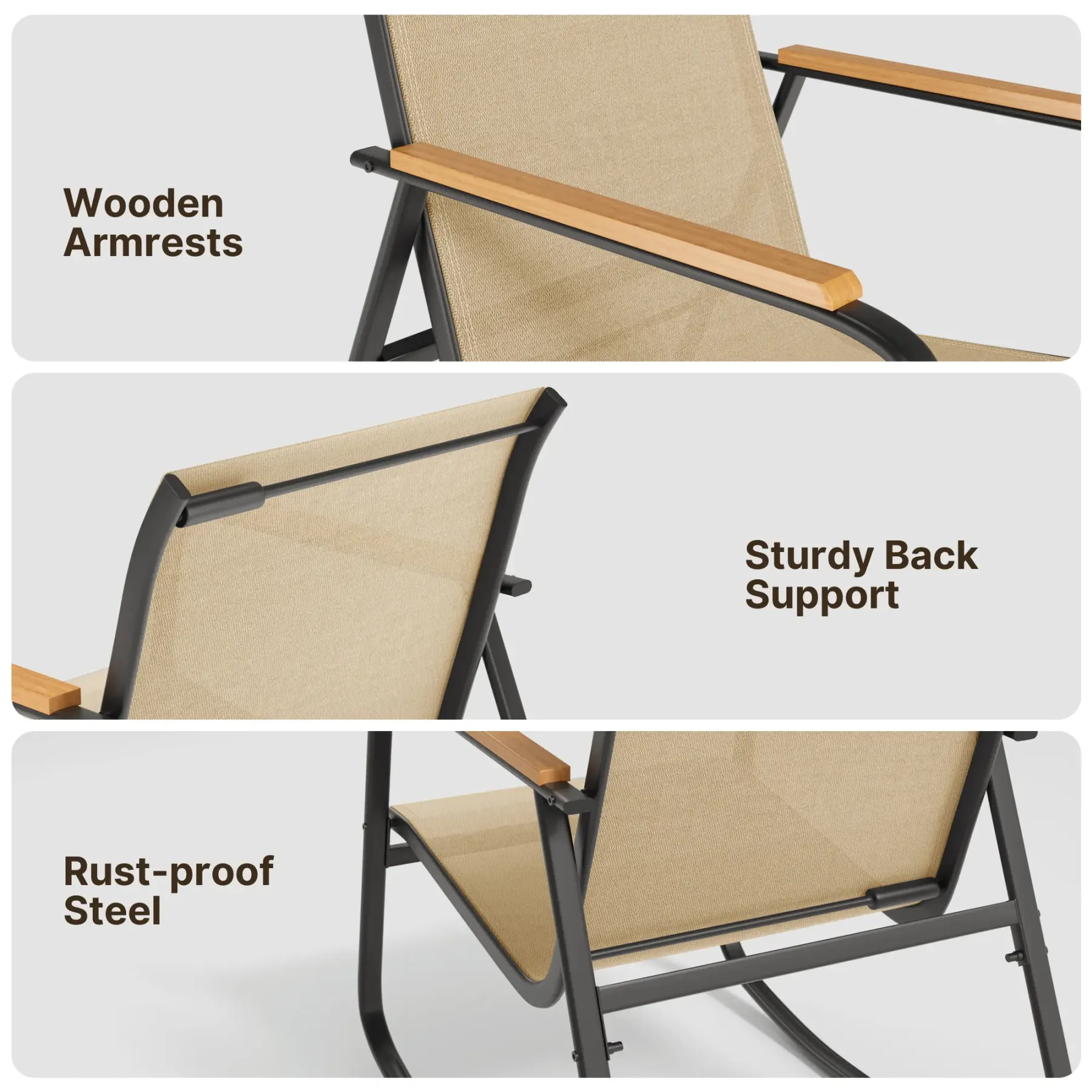 Juego de muebles de patio modernos de 4 piezas, resistente conjunto para zona de conversación: resistente a la intemperie, estable y con reposabrazos de madera; incluye 2 mecedoras y mesa de centro para patio o balcón.