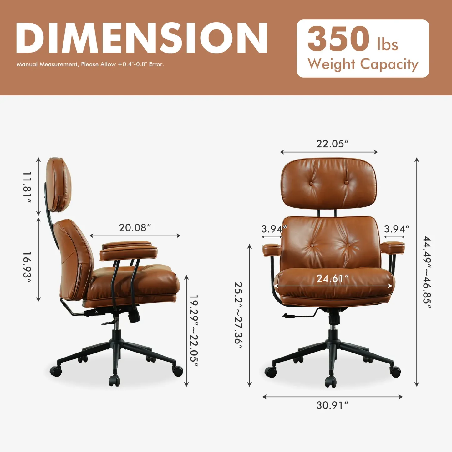 Silla de oficina de estilo moderno de mediados de siglo, de gran tamaño y con cojines gruesos