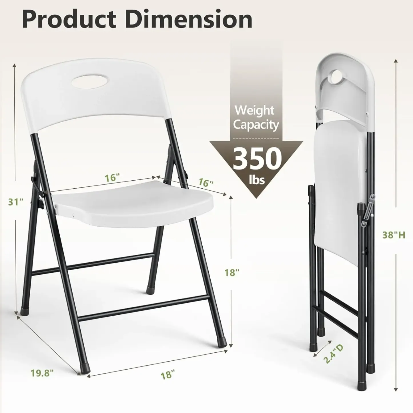 Silla plegable de plástico para trabajo pesado, blanco, 350 lbs