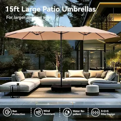 Sombrilla grande para exteriores de 15 pies con base lastrada para jardín, piscina y playa