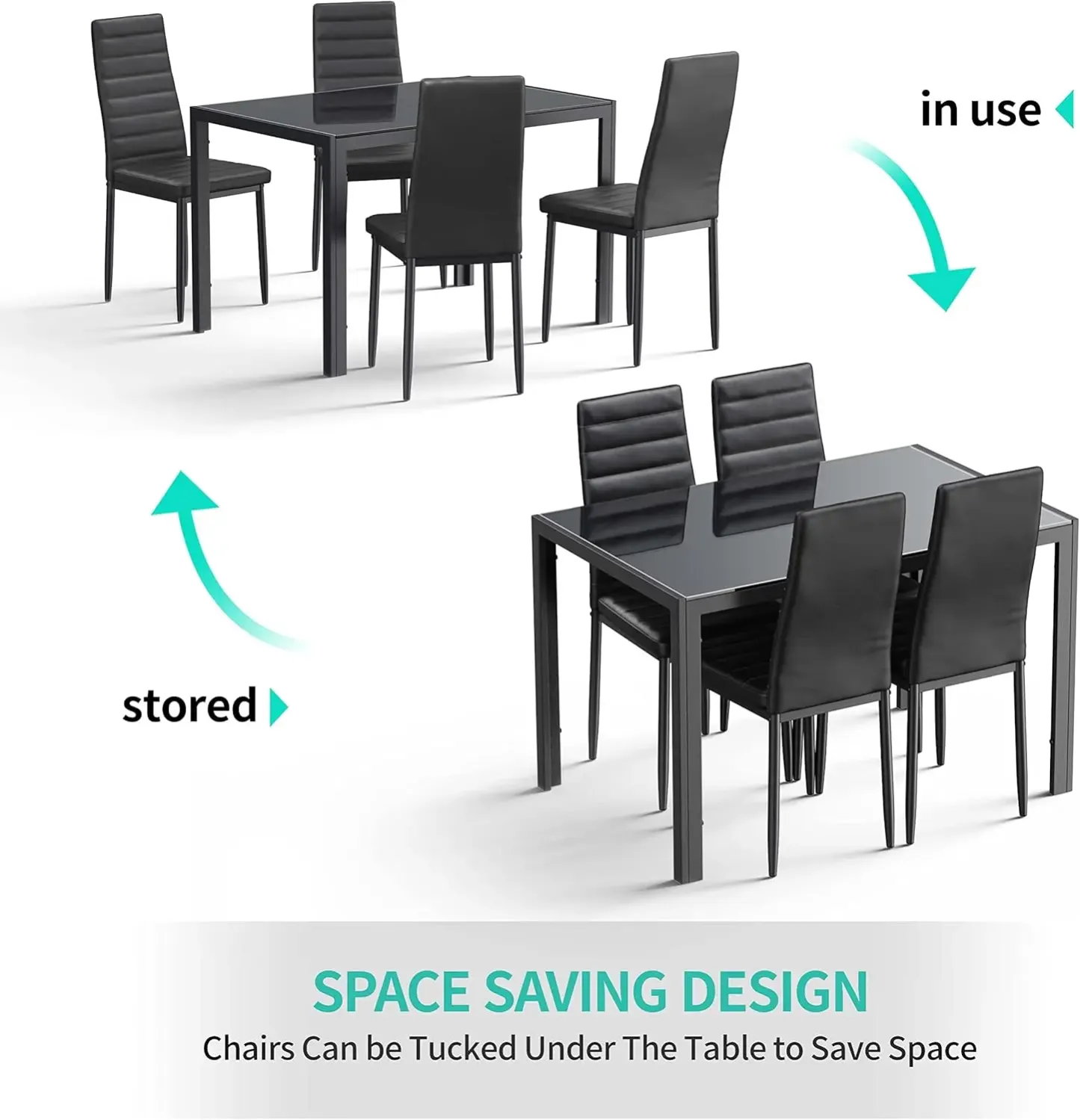 Juego de comedor de 5 piezas con mesa de vidrio y sillas para 4 personas, diseño moderno con cuero PU, ideal para cocina, sala de estar, apartamentos y decoración del hogar.