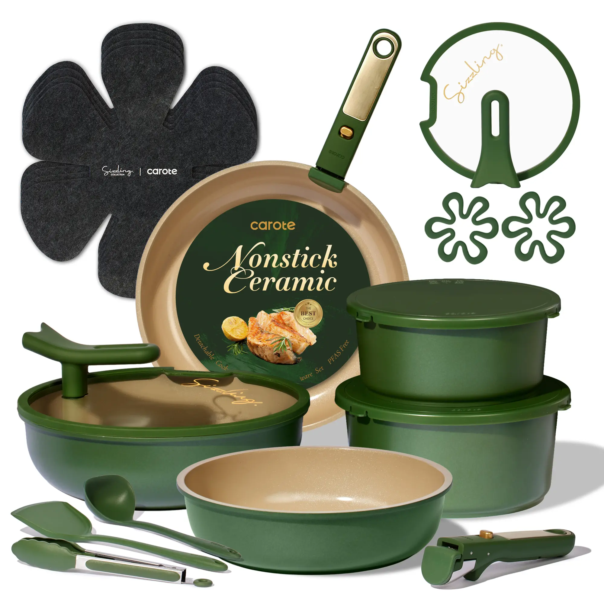 Juego de batería de cocina de cerámica de 20 piezas con tapas de apoyo vertical y mango desmontable; set de ollas y sartenes antiadherentes, no tóxicas y libres de PFAS; utensilios de cocina.