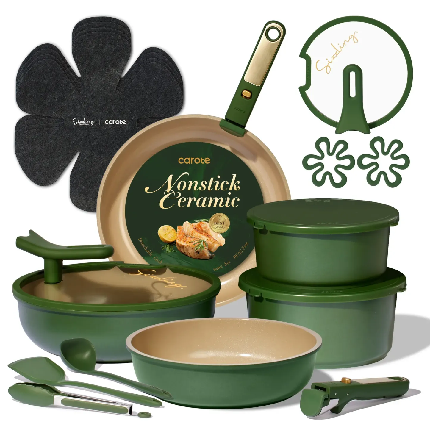 Juego de batería de cocina de cerámica de 20 piezas con tapas de apoyo vertical y mango desmontable; set de ollas y sartenes antiadherentes, no tóxicas y libres de PFAS; utensilios de cocina.
