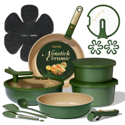 Juego de batería de cocina de cerámica de 20 piezas con tapas de apoyo vertical y mango desmontable; set de ollas y sartenes antiadherentes, no tóxicas y libres de PFAS; utensilios de cocina.