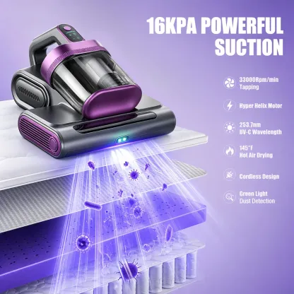 Aspiradora inalámbrica para colchones, aspiradora de limpieza profunda (16 kPa) con función de golpeteo a 80.000 RPM, luz UV-C y ultrasonidos, y depósito de polvo con doble filtro HEPA; ideal para sofás, cunas y pelo de mascotas (sohochic).