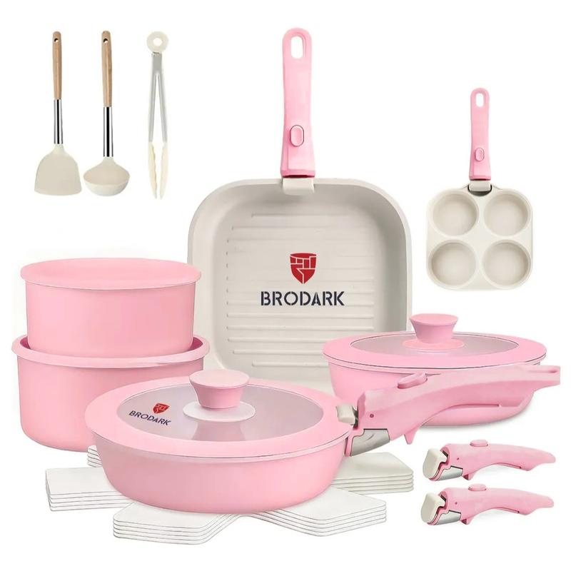 Brodark Batería De Cocina Juego De Sartenes 20/22 Piezas De Utensilios Antiadherentes Ollas Y Sartenes Medical Stone Con Mangos Desmontables Y Tapas De Vidrio, Compatible Con Inducción Gas Y Horno, Esquema de colores de la dopamina