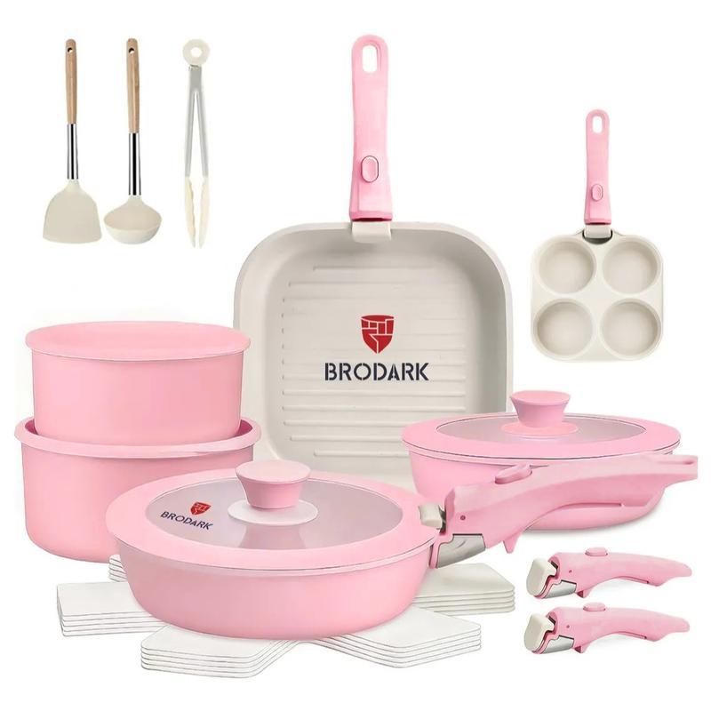 Brodark Batería De Cocina Juego De Sartenes 20/22 Piezas De Utensilios Antiadherentes Ollas Y Sartenes Medical Stone Con Mangos Desmontables Y Tapas De Vidrio, Compatible Con Inducción Gas Y Horno, Esquema de colores de la dopamina