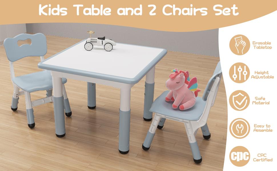 YJ-Garvee Adjustable Table and 2 Chairs,1 Table Set with Graffiti Desktop, Perfect for Reading, Drawing, Playing, and Eating, Designed for Toddlers with Height Adjustable Features