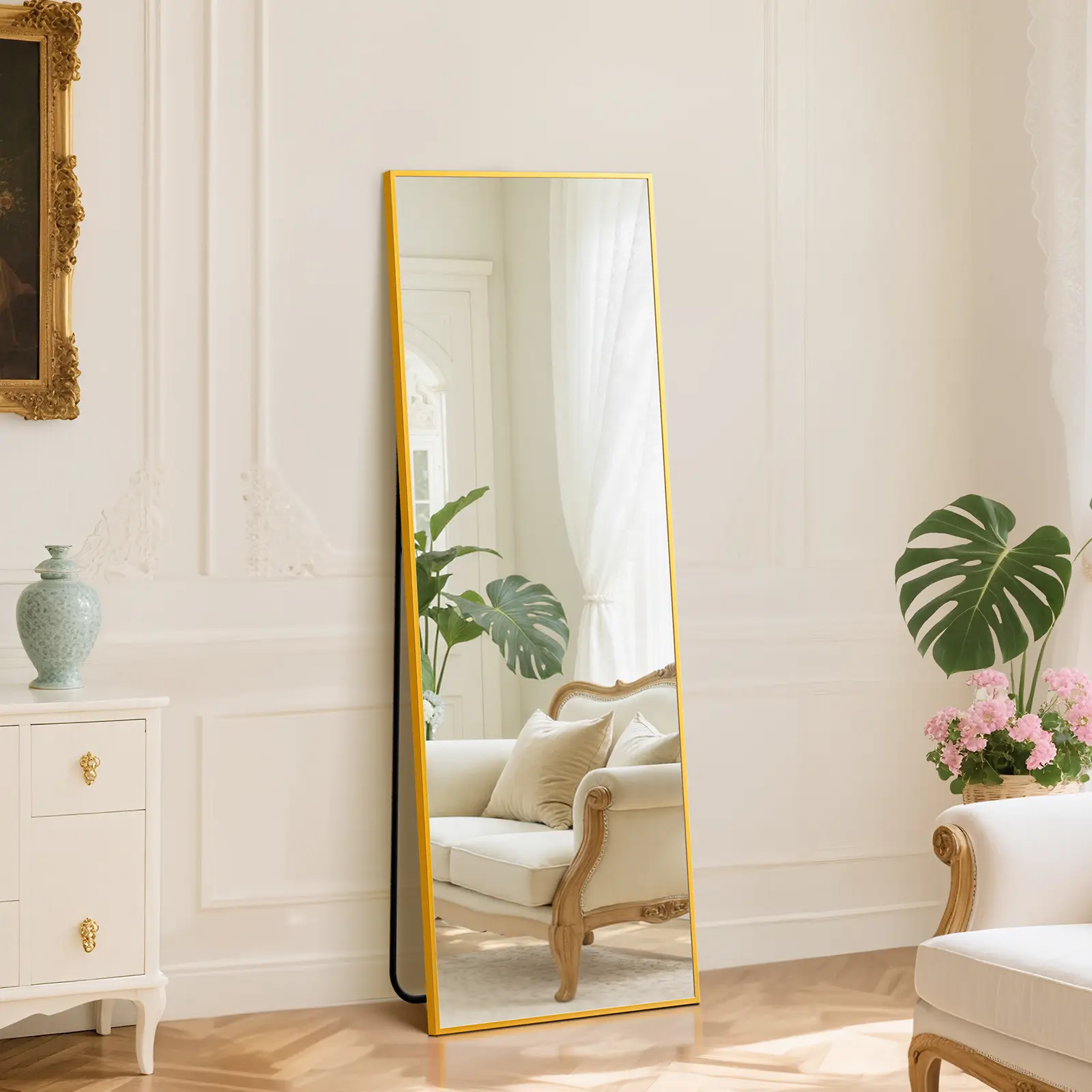 Espejo de cuerpo entero con soporte y marco de aluminio para dormitorio y sala de estar
