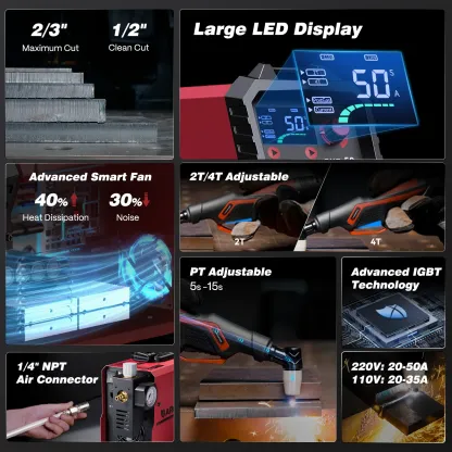 Cortadora de plasma CUT-50 de 50A con inversor IGBT, voltaje dual 110/220V, pantalla LED, corte limpio de metal y diseño portátil.