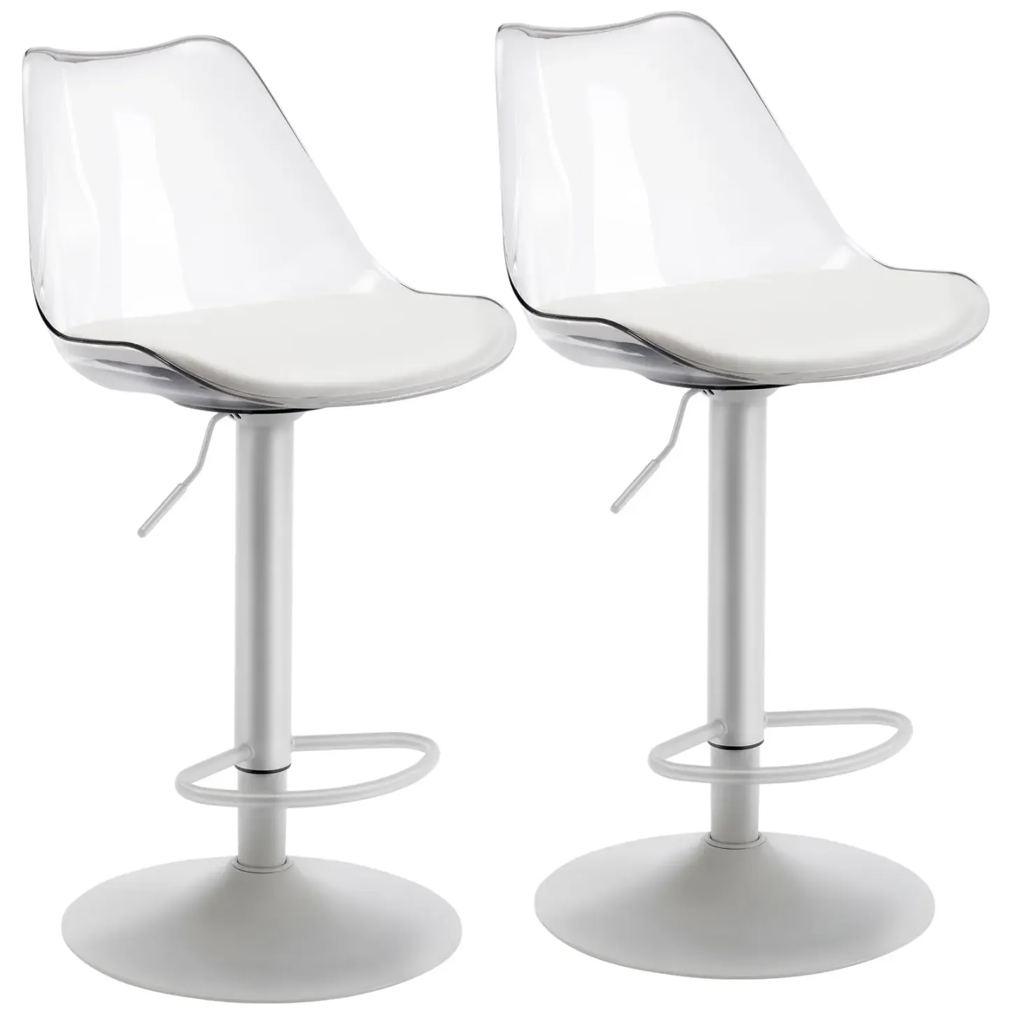 Juego de taburetes de bar modernos de acrílico transparente, ajustables y giratorios, con asiento tapizado en cuero sintético y respaldo ergonómico, ideales para barra de cocina e isla.