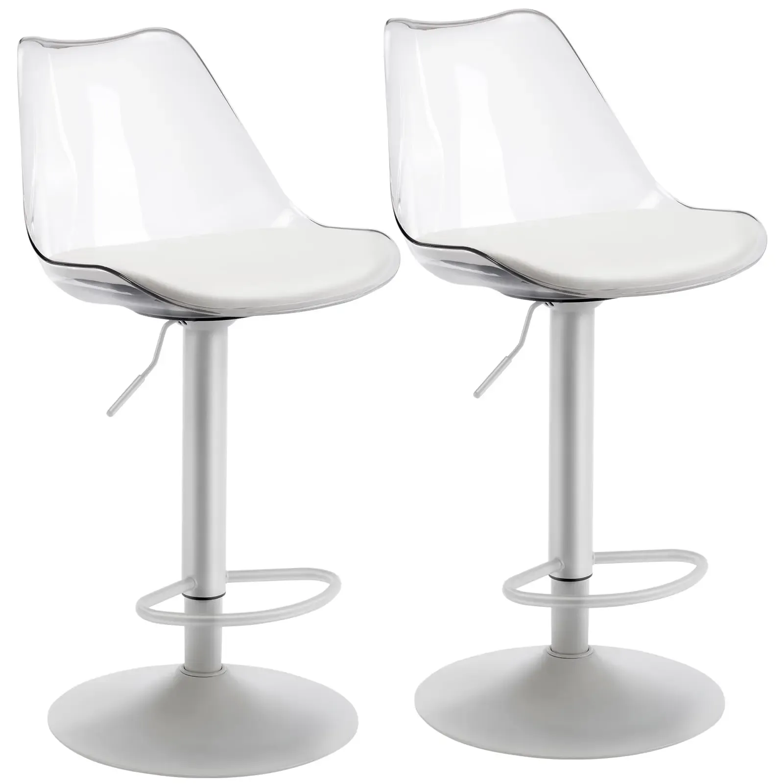 Juego de taburetes de bar modernos de acrílico transparente, ajustables y giratorios, con asiento tapizado en cuero sintético y respaldo ergonómico, ideales para barra de cocina e isla.