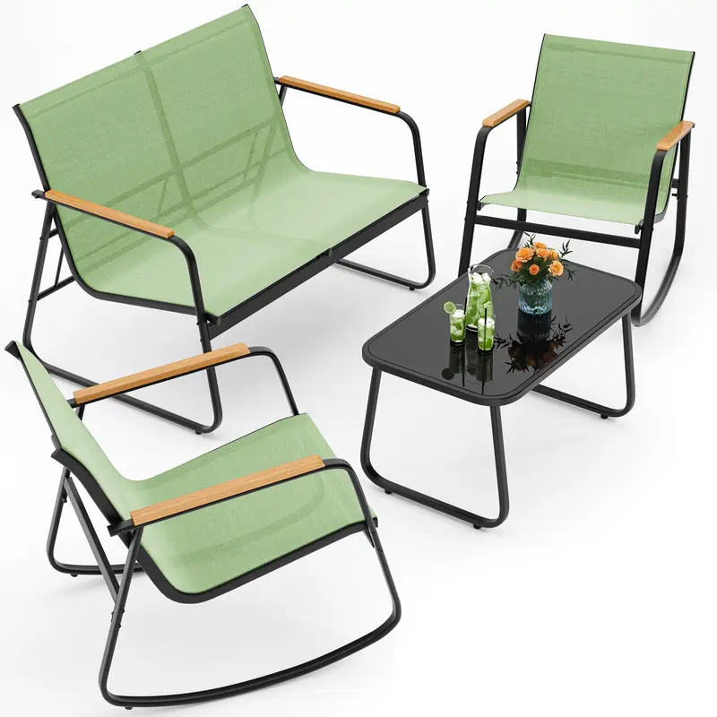Juego de muebles de patio modernos de 4 piezas, resistente conjunto para zona de conversación: resistente a la intemperie, estable y con reposabrazos de madera; incluye 2 mecedoras y mesa de centro para patio o balcón.