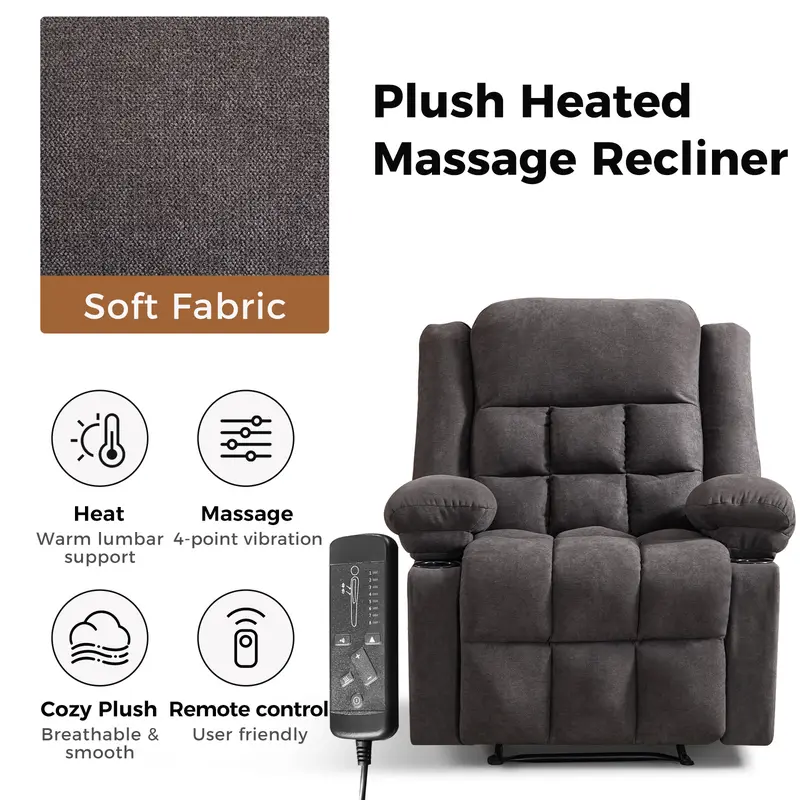 [DealsForYouDays] EBELLO Manual Recliner Chair with Massage and Heat, Fabric Recliner with Cup Holders & Storage Pockets, Breathable Comfortable Lounger for Living Room
