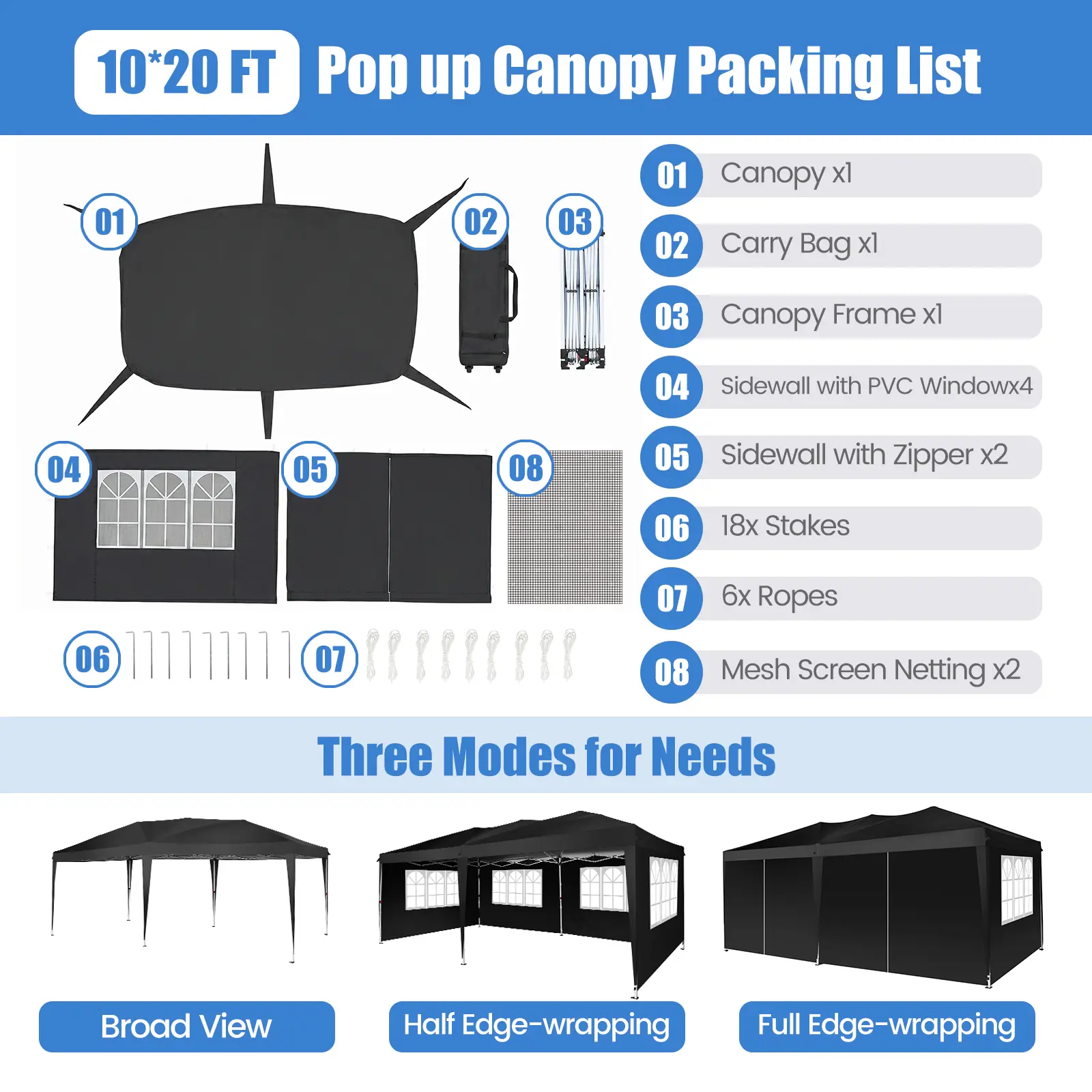 Carpa Gazebo Plegable Resistente de 10 x 20 Pies, Tela Oxford 420D Impermeable y con Protección UV, Techo Triangular, Estructura Ajustable en 3 Niveles, 6 Paredes Laterales, Mosquiteros y Accesorios de Acero Reforzado, Ideal para Bodas y Camping.