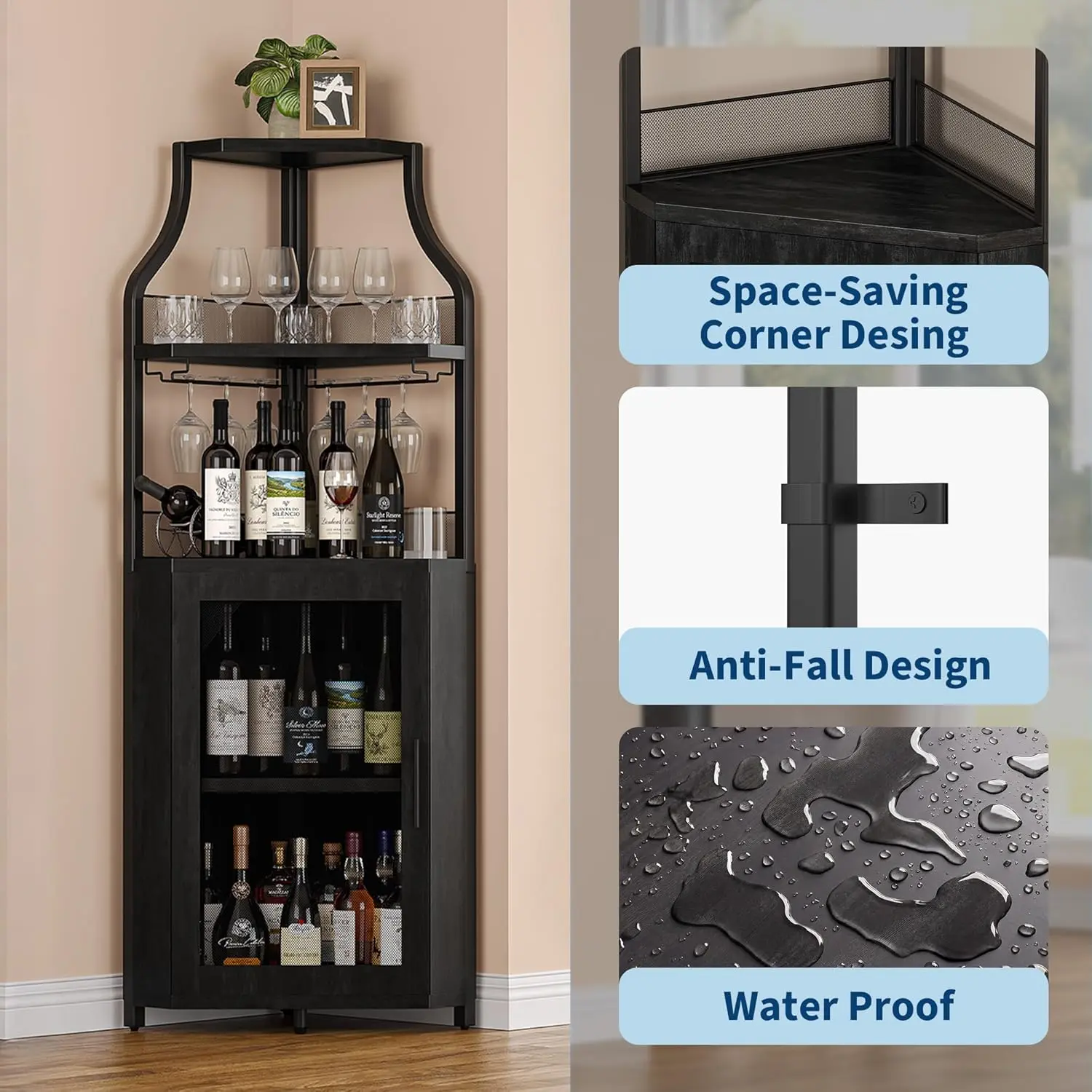 Mueble esquinero para vinos con estante extraíble y puerta estilo granero de 5 niveles