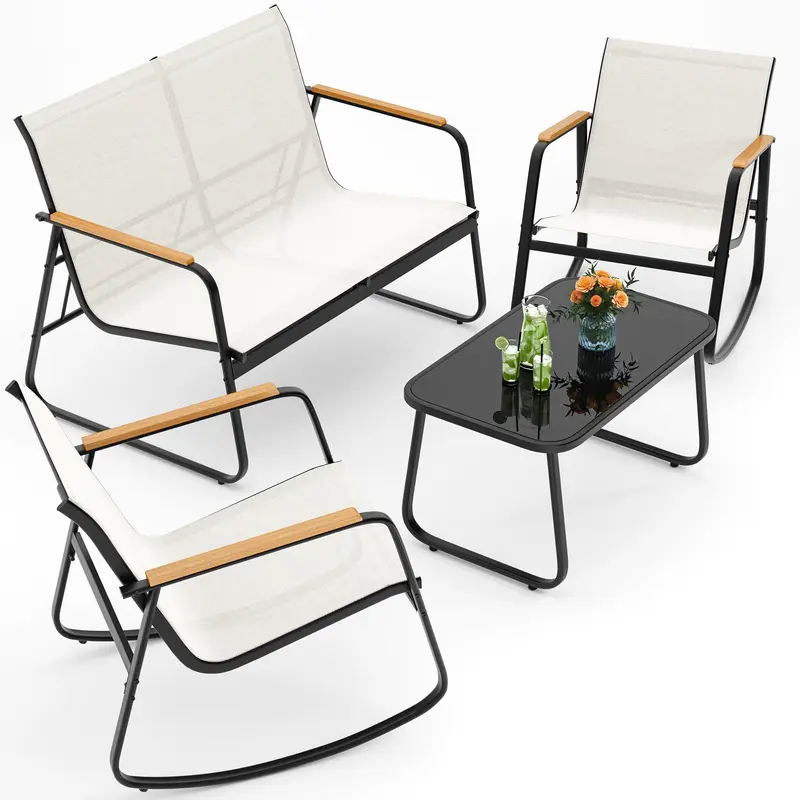 Juego de muebles de patio modernos de 4 piezas, resistente conjunto para zona de conversación: resistente a la intemperie, estable y con reposabrazos de madera; incluye 2 mecedoras y mesa de centro para patio o balcón.