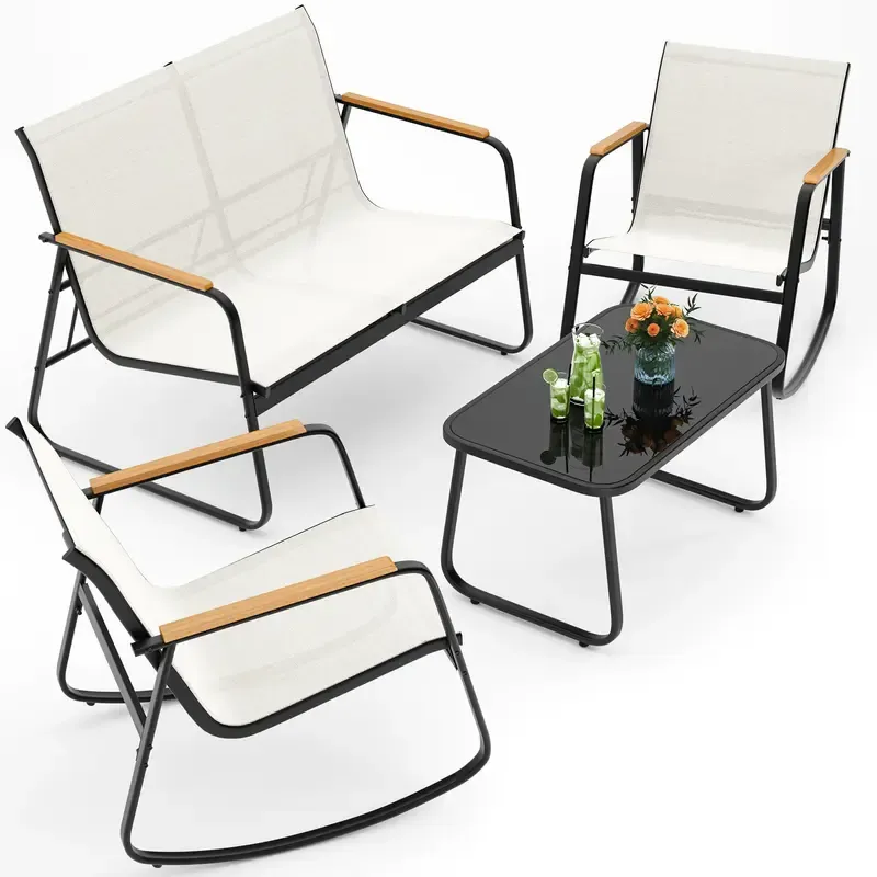 Juego de muebles de patio modernos de 4 piezas, resistente conjunto para zona de conversación: resistente a la intemperie, estable y con reposabrazos de madera; incluye 2 mecedoras y mesa de centro para patio o balcón.
