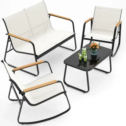 Juego de muebles de patio modernos de 4 piezas, resistente conjunto para zona de conversación: resistente a la intemperie, estable y con reposabrazos de madera; incluye 2 mecedoras y mesa de centro para patio o balcón.