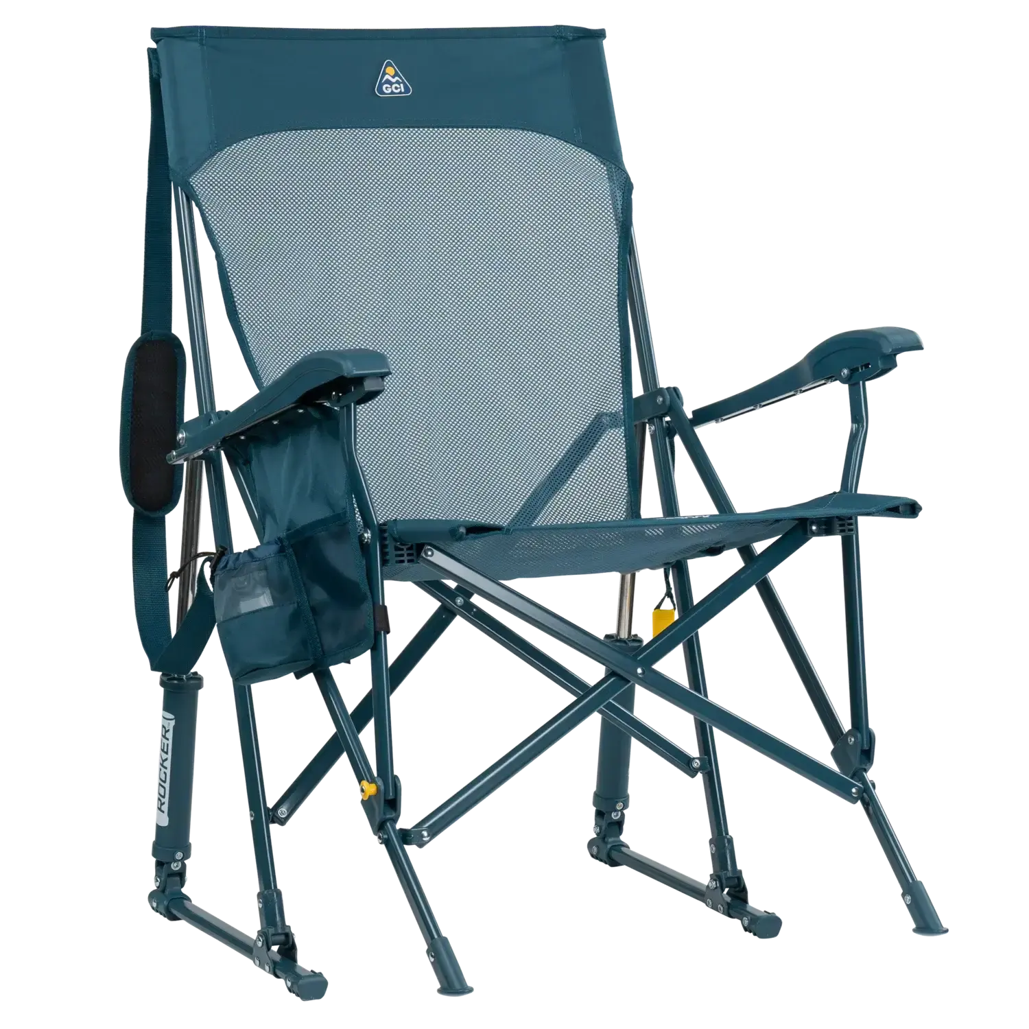 Silla GCI Outdoor BreezeRocker con mecanismo de balanceo por resorte y respaldo de malla, color verde azulado y negro.