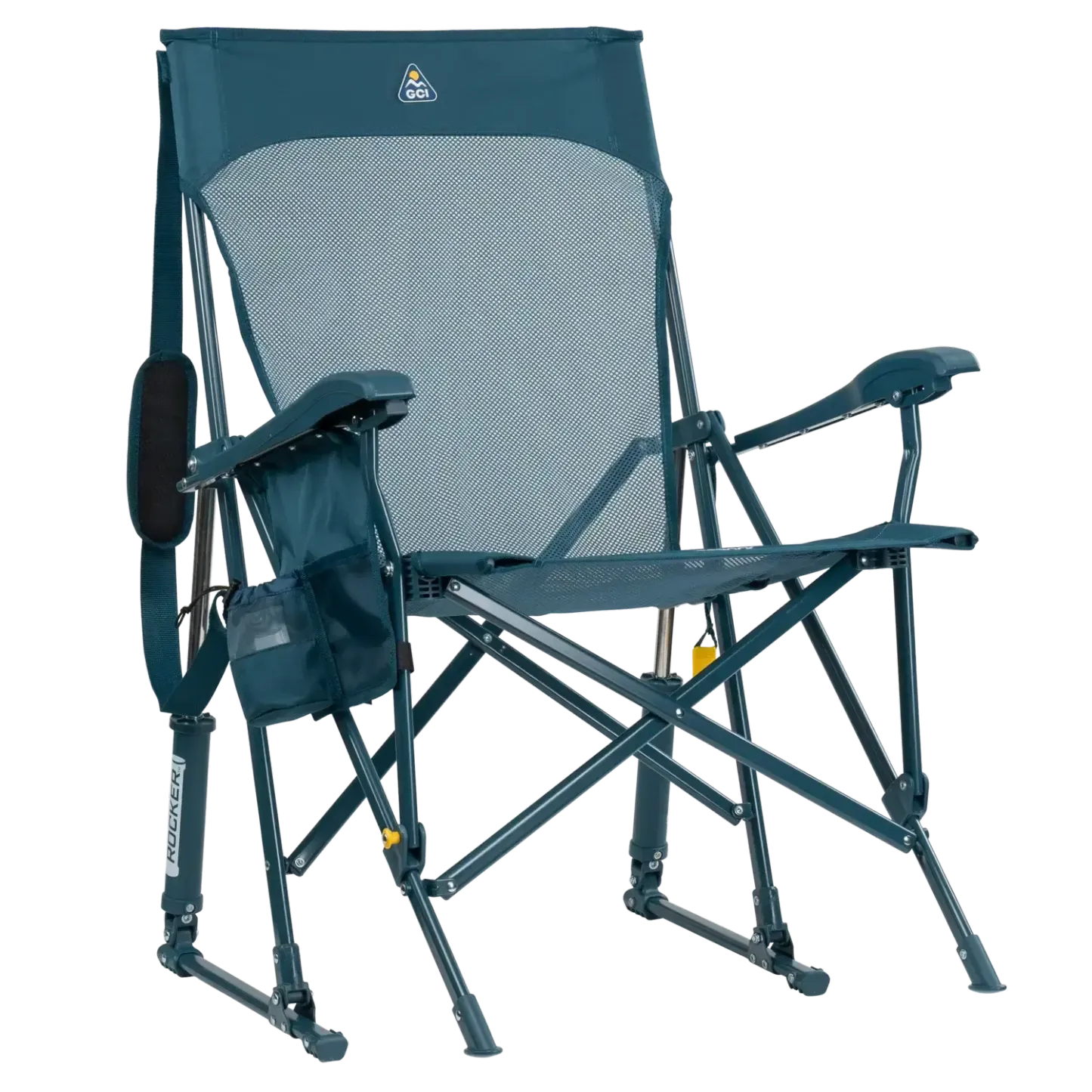 Silla GCI Outdoor BreezeRocker con mecanismo de balanceo por resorte y respaldo de malla, color verde azulado y negro.