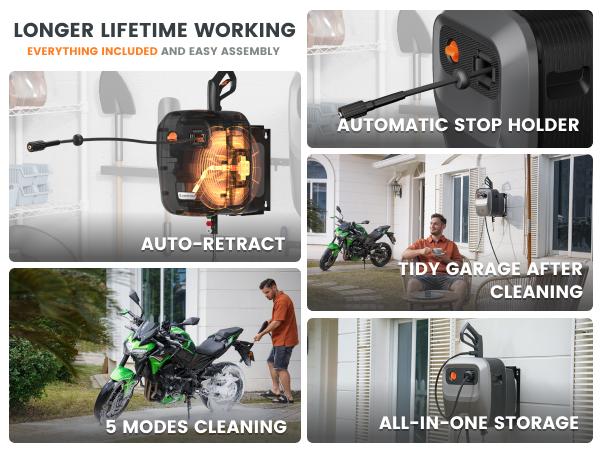 [BackToSchool] Giraffe Tools Grandfalls Retractable Pressure Washer G20 2400 PSI 2.0 GPM ,180&deg; Swivel Metal Bracket Wall Mounted Power Washer, Auto-Retract with 65ft Pressure Hoses, Any Length Lock, 5 Nozzles for Floor/Cars/Fences/Patios, 2 years warranty