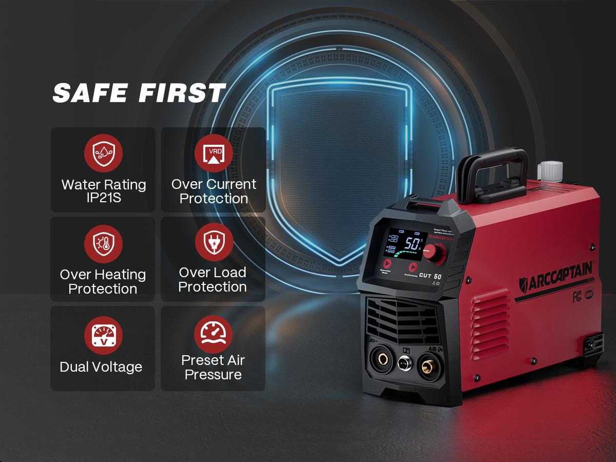 ARCCAPTAIN CUT-50 Plasma Cutter Welder, 50A DC Inverter IGBT Portable Welder Tool with Large LED Display, 110/220V Dual Voltage, 1/2in Metal Clean Cut, Post Flow & 2T/4T Torch Modes for Beginners, Portable Welding Machine, 110/220V Dc