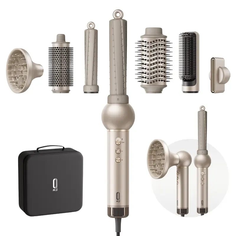 Set de cepillo secador y moldeador de aire caliente 7 en 1 con tecnología de iones negativos y alta velocidad: cabezales intercambiables, rizador automático, alisado, aumento de volumen y efecto antiencrespamiento.