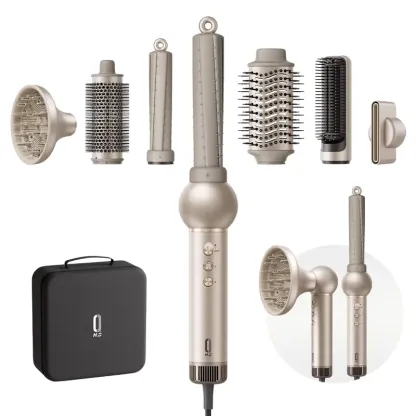 Set de cepillo secador y moldeador de aire caliente 7 en 1 con tecnología de iones negativos y alta velocidad: cabezales intercambiables, rizador automático, alisado, aumento de volumen y efecto antiencrespamiento.