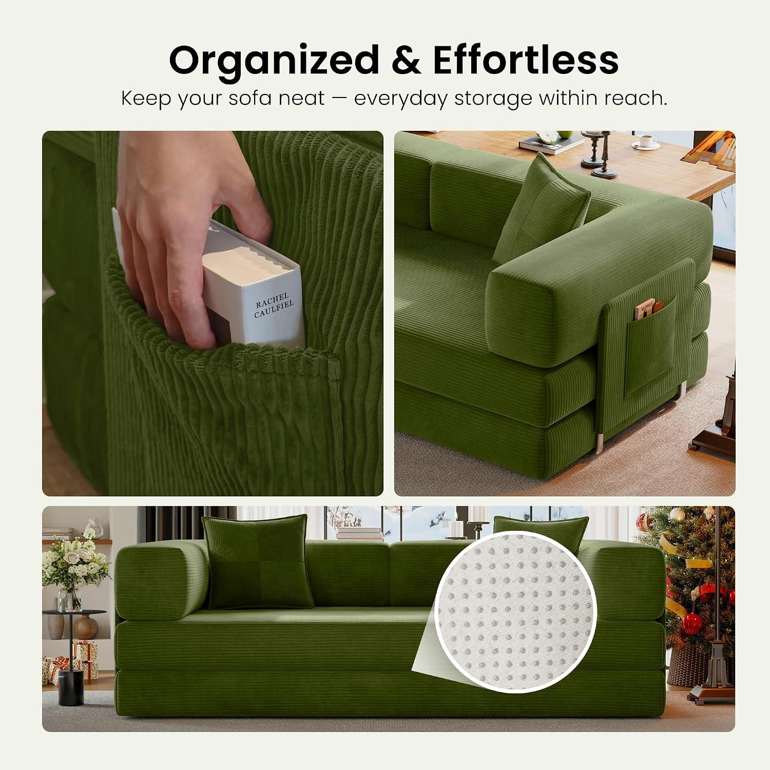 78.8" Corduroy Convertible Futon Sofa Bed Furniture, No-Assembly Boneless Couch with Storage Pocket for Living Room, Green,dorm essentials,home decor