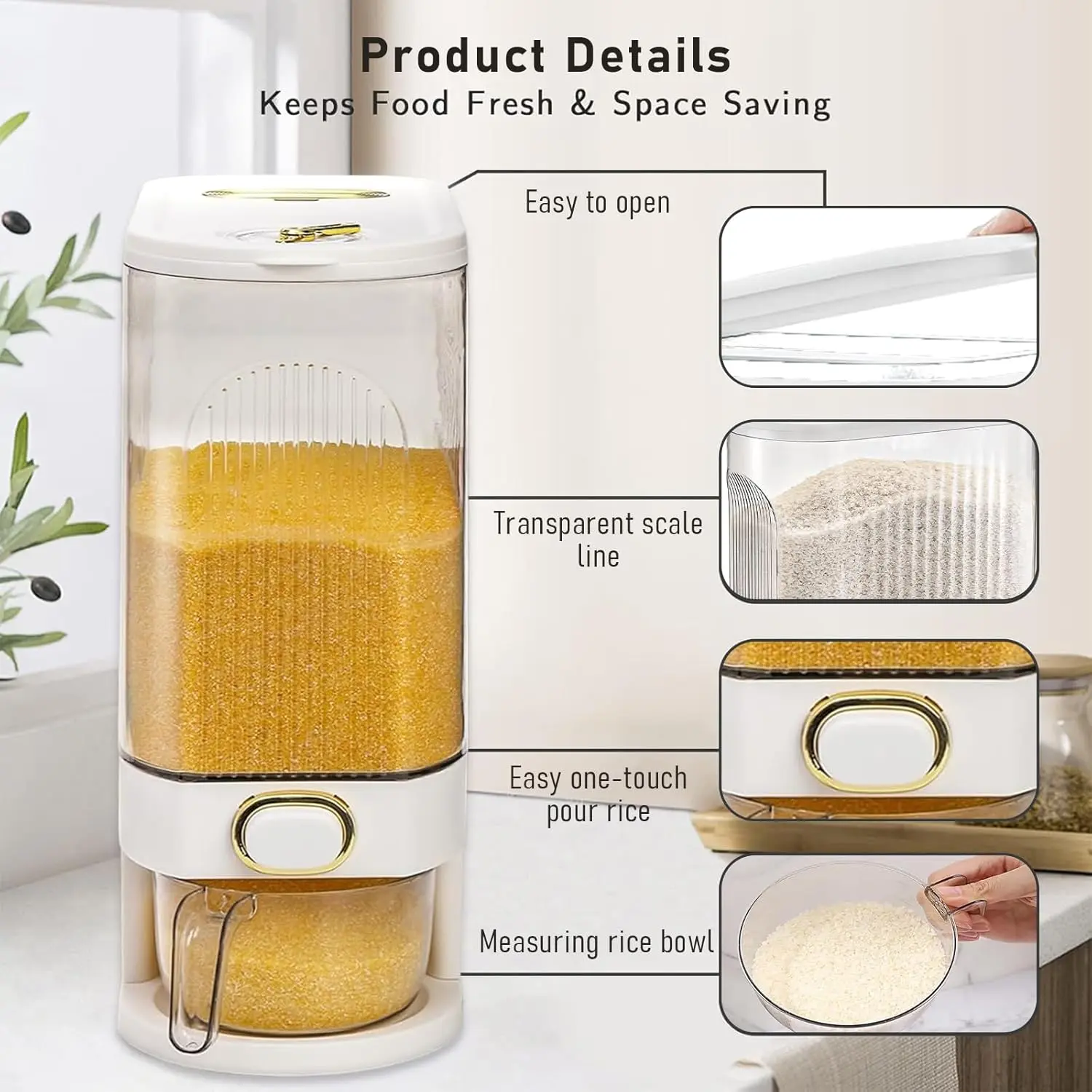 Dispensador de arroz con taza medidora y escala de tiempo - 11.02 lb/22.05 lb, a prueba de polvo, apilable, de plástico duradero, con múltiples compartimentos, apto para alimentos.