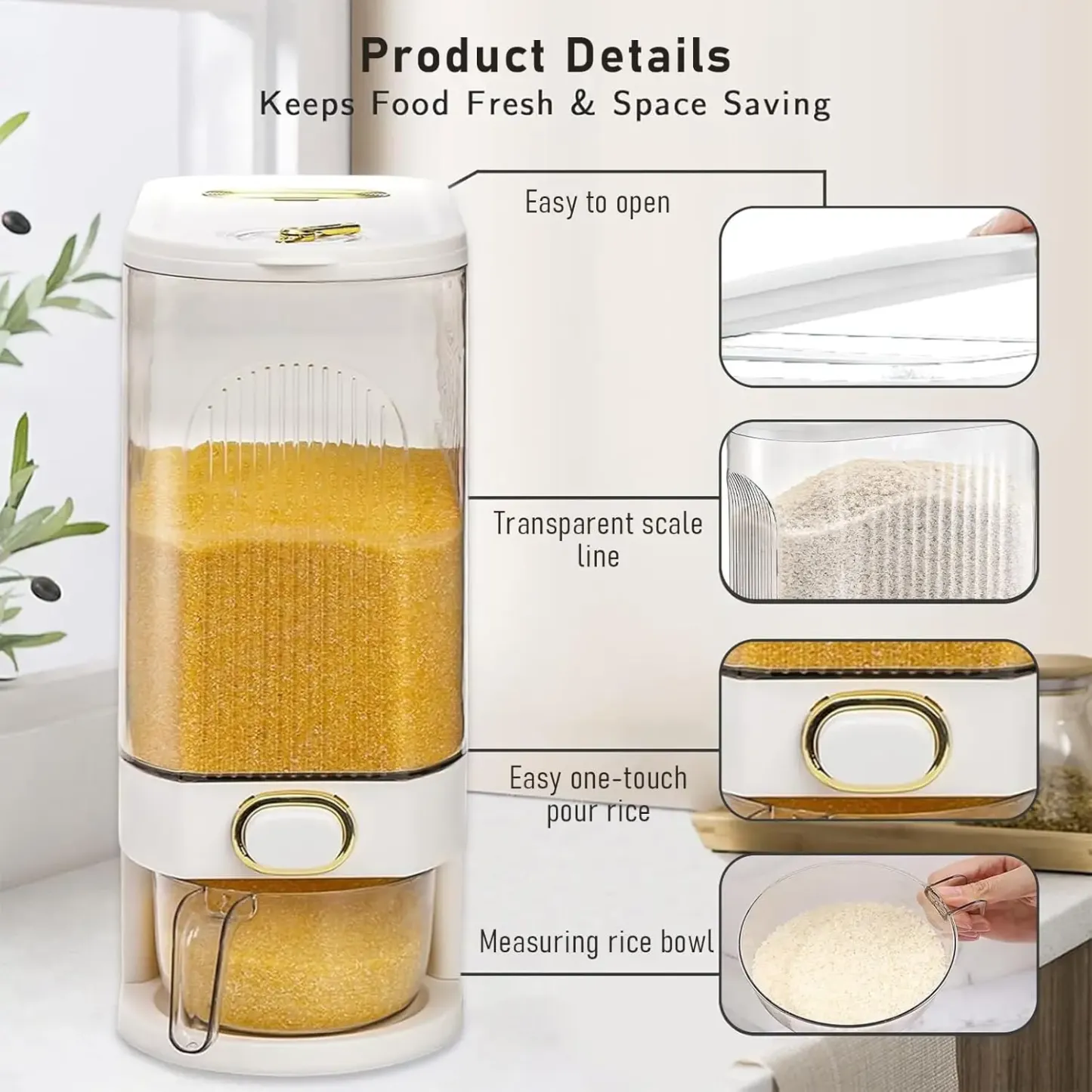 Dispensador de arroz con taza medidora y escala de tiempo - 11.02 lb/22.05 lb, a prueba de polvo, apilable, de plástico duradero, con múltiples compartimentos, apto para alimentos.