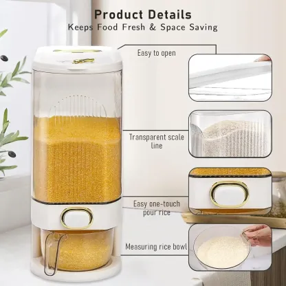 Dispensador de arroz con taza medidora y escala de tiempo - 11.02 lb/22.05 lb, a prueba de polvo, apilable, de plástico duradero, con múltiples compartimentos, apto para alimentos.