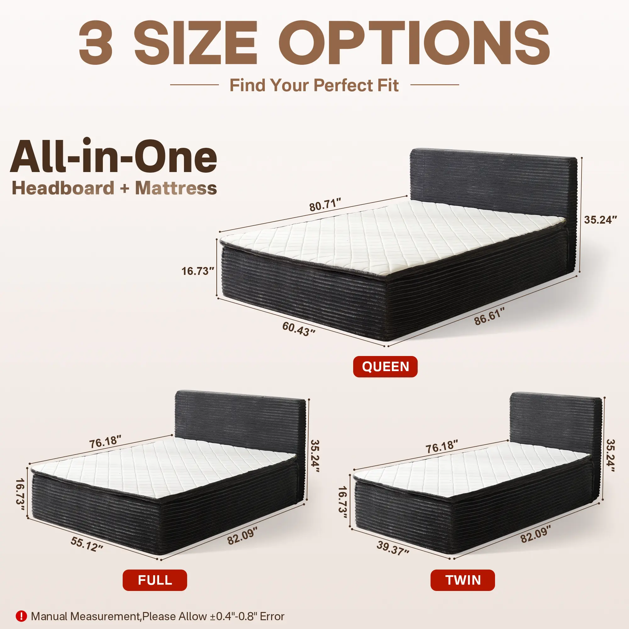 Cama moderna sin huesos todo en uno, cama a ras de suelo con pana suave y mullida para un sueño profundo, espuma viscoelástica de firmeza media para aliviar el dolor de espalda, colchón con aislamiento de movimiento en caja y sin necesidad de montaje.