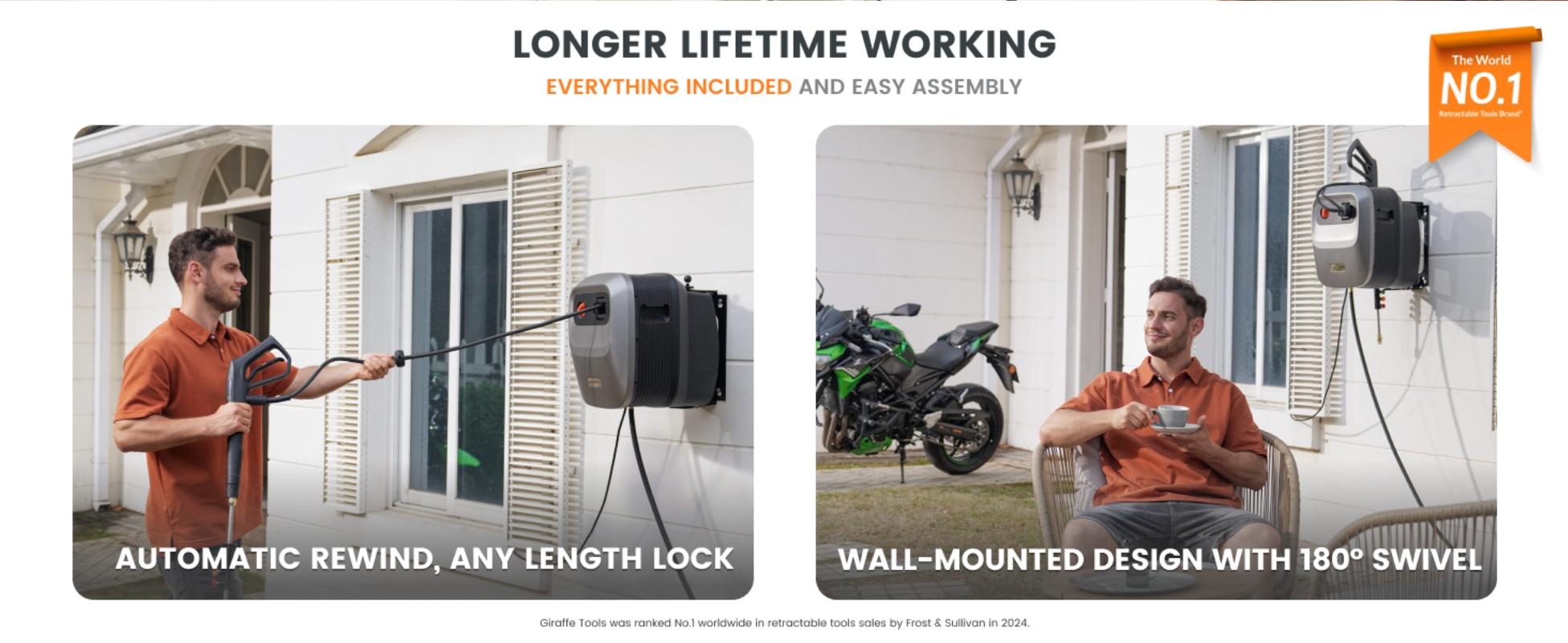 [BackToSchool] Giraffe Tools Grandfalls Retractable Pressure Washer G20 2400 PSI 2.0 GPM ,180&deg; Swivel Metal Bracket Wall Mounted Power Washer, Auto-Retract with 65ft Pressure Hoses, Any Length Lock, 5 Nozzles for Floor/Cars/Fences/Patios, 2 years warranty