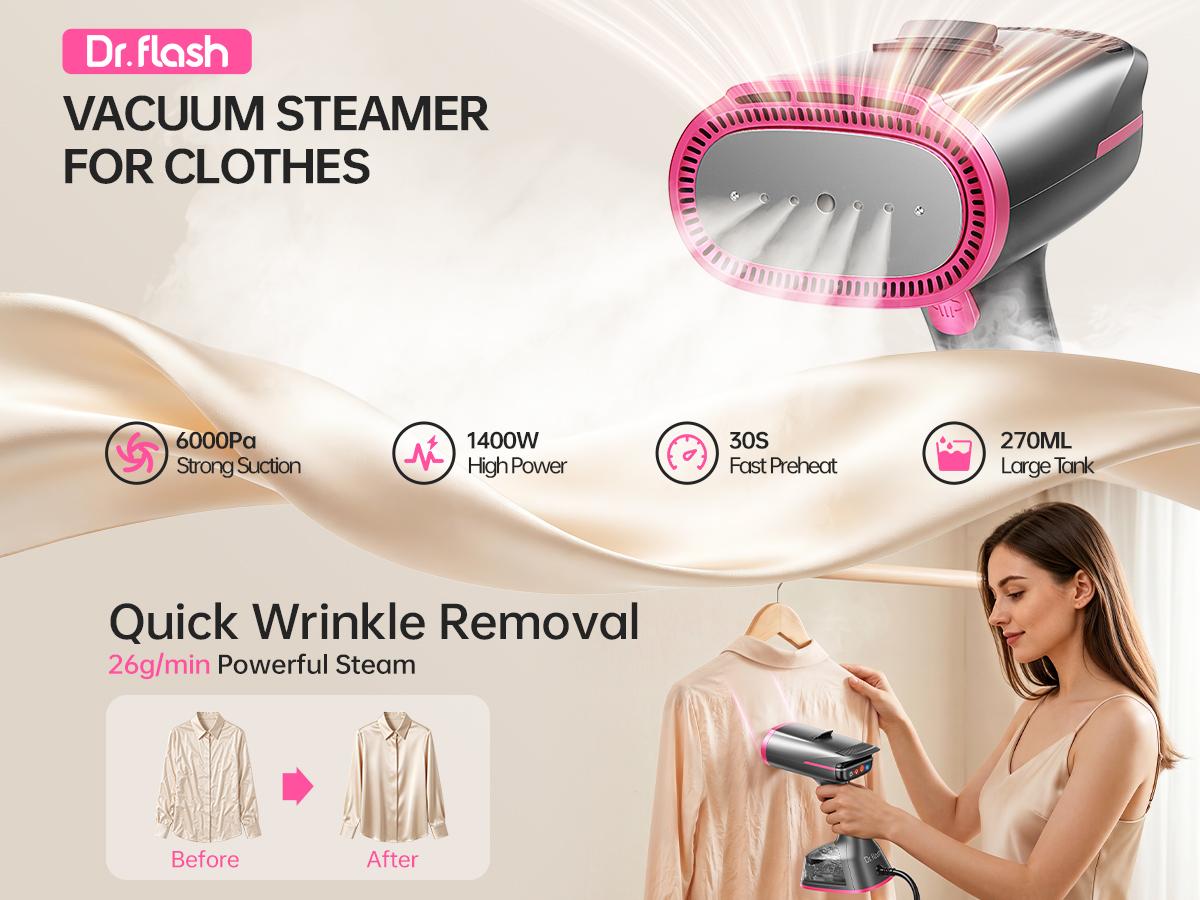Dr.flash Vacuum Garment Steamer, 270ml Big Capacity, 1400W Handheld Clothes Steamer, Suction Steamer ＆ Iron 2 In 1, Portable Travel Iron for Clothes, Fabrics, Large Ceramic Heat Panel tiktokshopbacktoschool